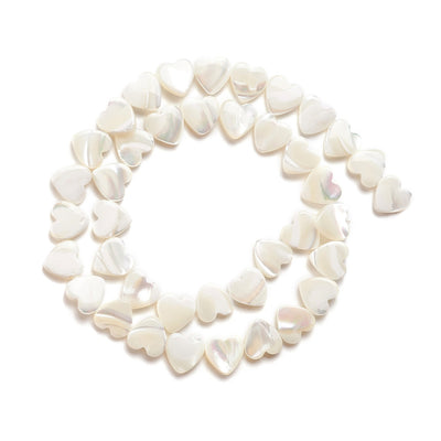 Trochus Shell Beads, Heart Shape, Seashell White Color. Trochid Shell Beads for Jewelry Making.   Size: 10mm Long, 10 Wide, 2.5-3mm Thick, Hole: 1mm; approx. 34-40pcs/strand, 15" inches long.  Material: The Beads are Natural Trochid/Trochus Shell Beads, Heart Shaped, Seashell White Color.