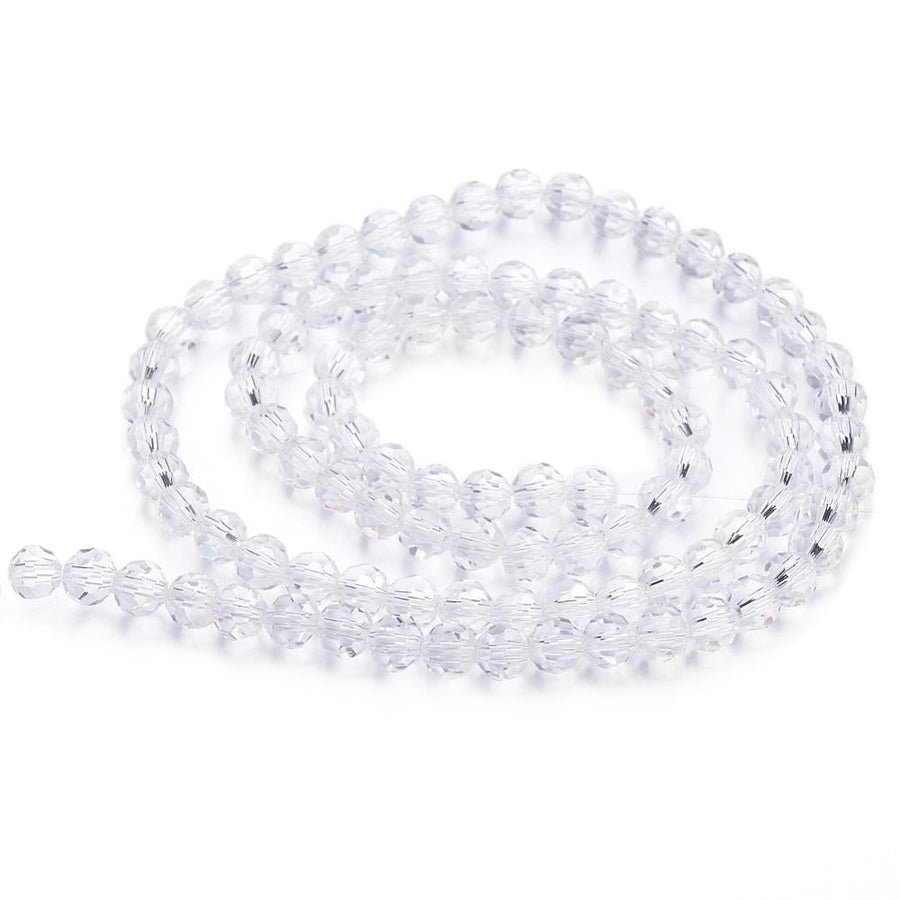 Premium Quality Transparent Faceted Glass Crystal Beads, Round, Clear Color.   Size: 6mm, Hole: 1mm, approx. 92pcs/strand, 20 inches long.  Material: Glass; Austrian Crystal Imitation.  Shape: Round, Faceted  Color: Clear  Usage: Beads for DIY Jewelry Making.