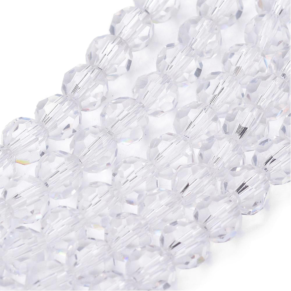Premium Quality Transparent Faceted Glass Crystal Beads, Round, Clear Color.   Size: 6mm, Hole: 1mm, approx. 92pcs/strand, 20 inches long.  Material: Glass; Austrian Crystal Imitation.  Shape: Round, Faceted  Color: Clear  Usage: Beads for DIY Jewelry Making.