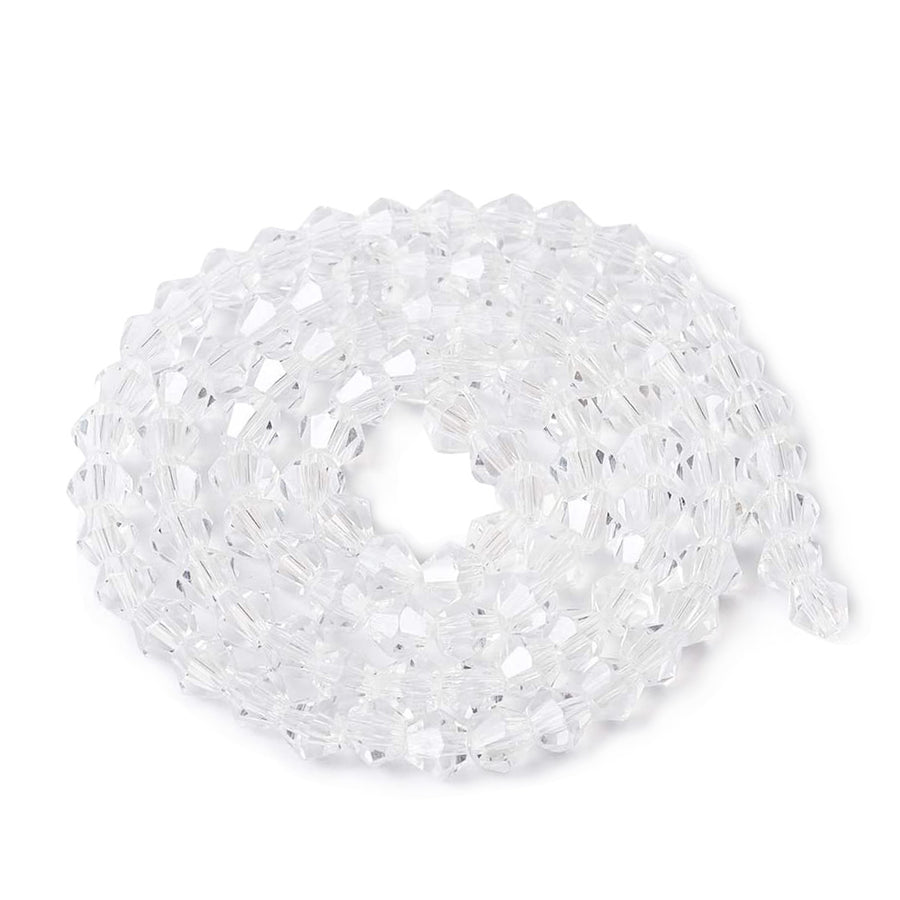 Glass Beads, Faceted, Transparent, Clear, Bicone, Crystal Beads for DIY Jewelry Making.  Size: 4mm Length, 4mm Width, Hole: 1mm; approx. 92pcs/strand, 13.75" inches long.  Material: The Beads are Made from Glass. Austrian Crystal Imitation Glass Crystal Beads, Bicone, Transparent, Clear Beads. Polished, Shinny Finish. 
