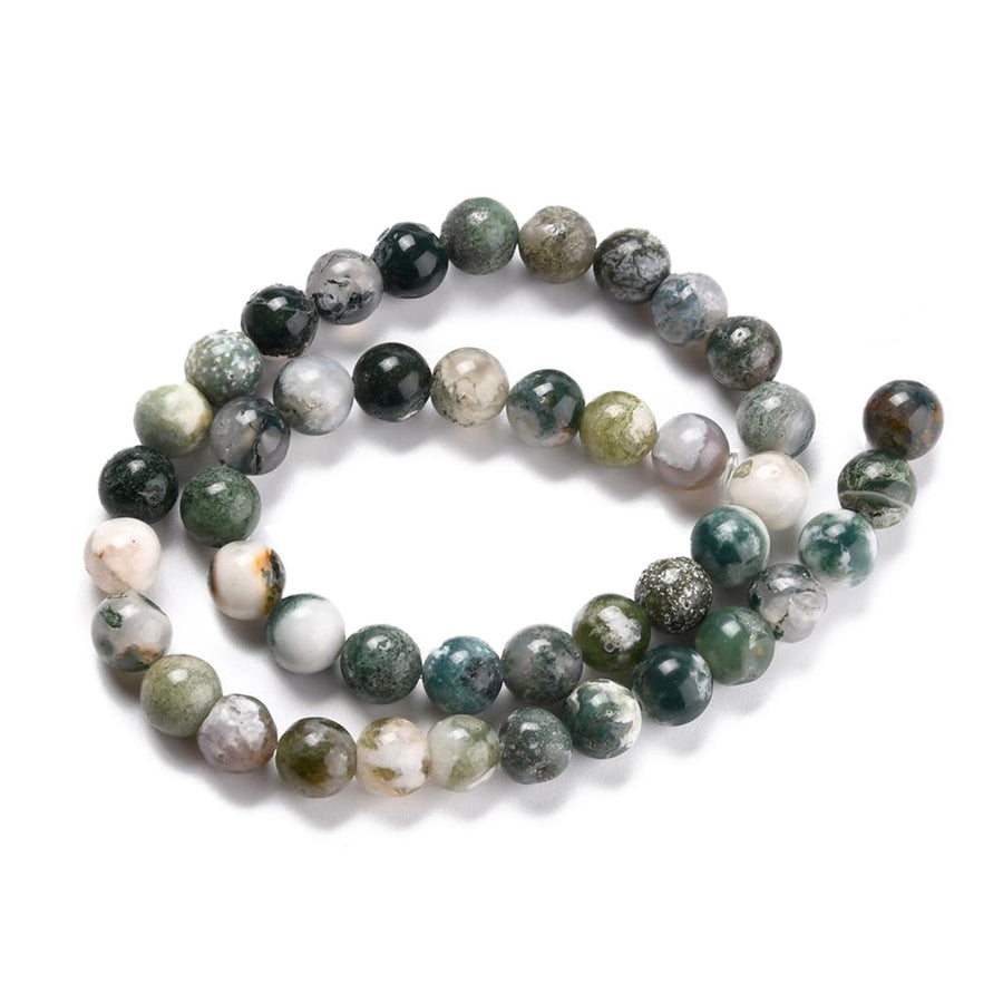 Tree Agate Beads, Round, Green and White Multi-Color. Semi-Precious Gemstone Beads for Jewelry Making.   Size: 8mm Diameter, Hole: 1.2mm; approx. 46pcs/strand, 15" Inches Long.  Material: The Beads are Natural Tree Agate, Multi-Color, Forest Green Color with White and Brown Markings. Polished, Shinny Finish.