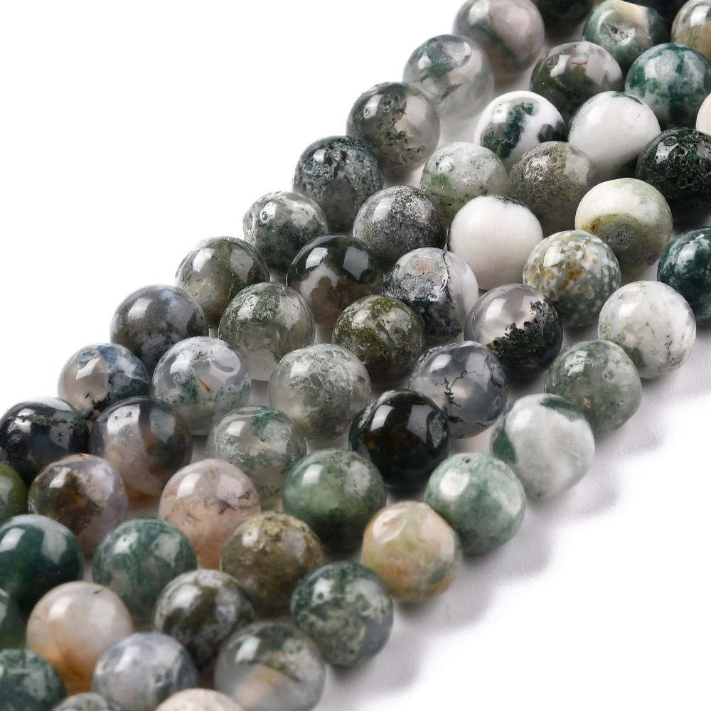 Tree Agate Beads, Round, Green and White Multi-Color. Semi-Precious Gemstone Beads for Jewelry Making.   Size: 8mm Diameter, Hole: 1.2mm; approx. 46pcs/strand, 15" Inches Long.  Material: The Beads are Natural Tree Agate, Multi-Color, Forest Green Color with White and Brown Markings. Polished, Shinny Finish.