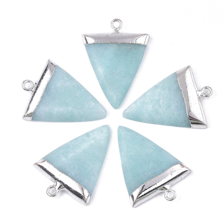 Amazonite Gemstone Pendants, Triangle Shaped Pendant, Turquoise Color. Electroplated Pendant for DIY Jewelry Making. Great for Necklaces.   Size: 32mm Length, 23mm Wide, 5mm Thick, Hole: 1.6mm, 1pcs/package.   Material: Electroplated Natural Amazonite Semi Precious Stone Pendant. Triangle Drop shaped Turquoise Blue Color Pendant with Platinum Color Iron Findings. 