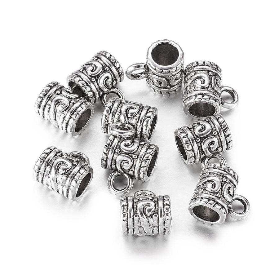 Tibetan Bail Tube Beads, Antique Silver Colored Tube Bails for Jewelry Making  Size: approx. 8mm Diameter, Hole: 4.5mm, Quantity: 4pcs/bag.  Material: Zinc Alloy (Lead and Nickel Free) Connectors, Bail Beads. Antique Silver Color. Shinny Finish.