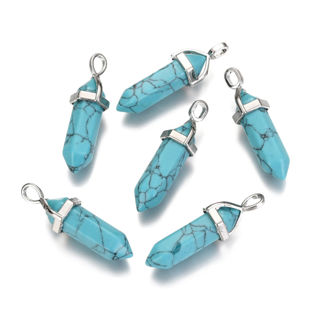 Synthetic Turquoise Pendants, Turquoise Color. Semi-precious Gemstone Pendant for DIY Jewelry Making. Gorgeous Centre piece for Necklaces.   Size: 36-40mm Length, 12mm Diameter, Hole: 3x4mm, 1pcs/package.   Material: Synthetic Turquoise Stone Pendant, Platinum Toned Brass Findings, Hexagon Shaped Bead Cap Bails. High Quality, Double Terminated Stone Pendants. Shinny, Polished Finish.
