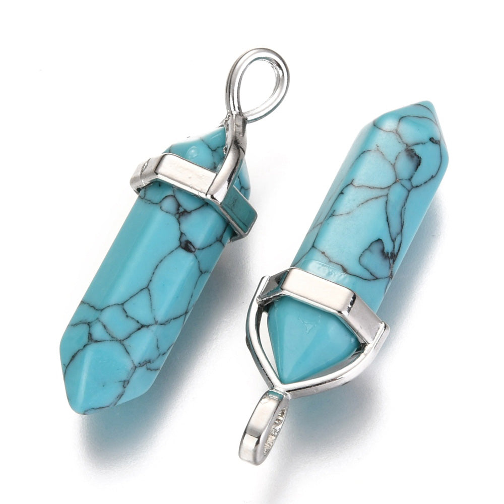 Synthetic Turquoise Pendants, Turquoise Color. Semi-precious Gemstone Pendant for DIY Jewelry Making. Gorgeous Centre piece for Necklaces.   Size: 36-40mm Length, 12mm Diameter, Hole: 3x4mm, 1pcs/package.   Material: Synthetic Turquoise Stone Pendant, Platinum Toned Brass Findings, Hexagon Shaped Bead Cap Bails. High Quality, Double Terminated Stone Pendants. Shinny, Polished Finish.