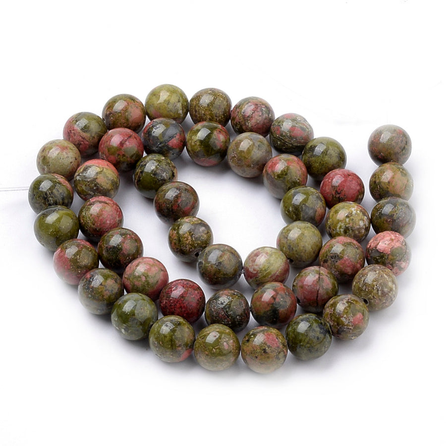 Natural Unakite Bead Strands, Round, Green Color. Semi-Precious Gemstone Beads for Jewelry Making. These Beads are Great for Stretch Bracelets.  Size: 8mm in diameter, hole: 1mm; approx. 45pcs/strand, 15" inches long. bead lot