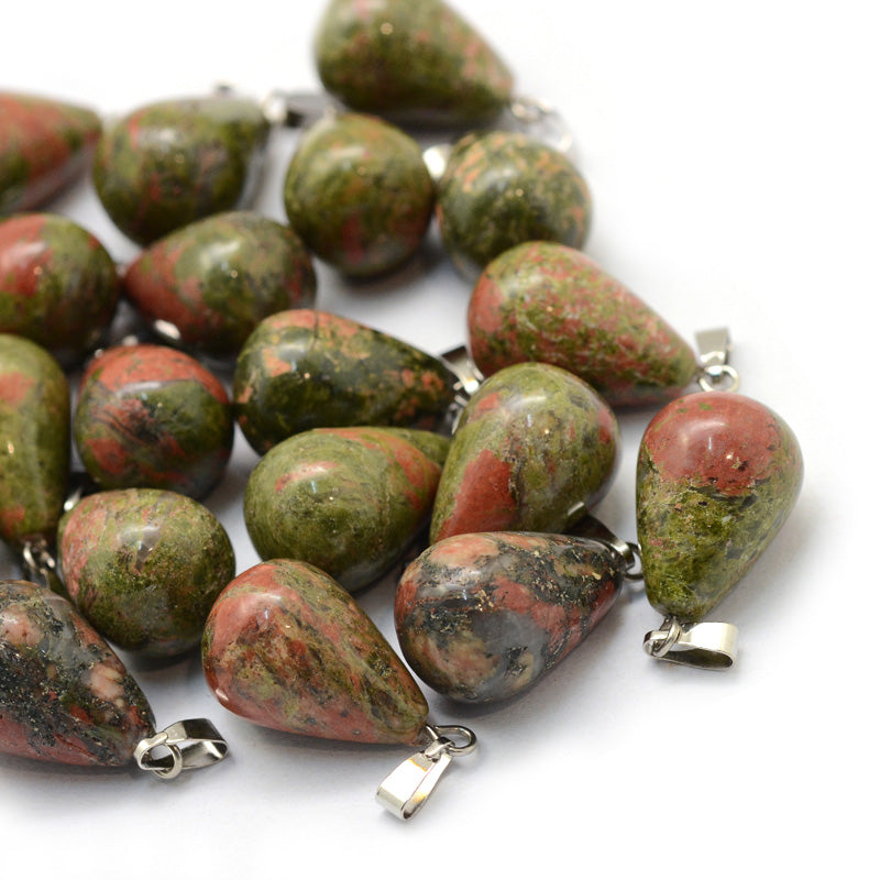 Unakite Teardrop Pendants, Green Color. Semi-precious Gemstone Pendant for DIY Jewelry Making. Gorgeous Centre piece for Necklaces.  Size: 22-24mm Length, 12-14mm Wide Hole: 2x7mm, 1pcs/package.   Material: Genuine Natural Unakite Stone Pendant, Platinum Toned Brass Findings. High Quality, Teardrop Shaped Stone Pendants. Shinny, Polished Finish. 