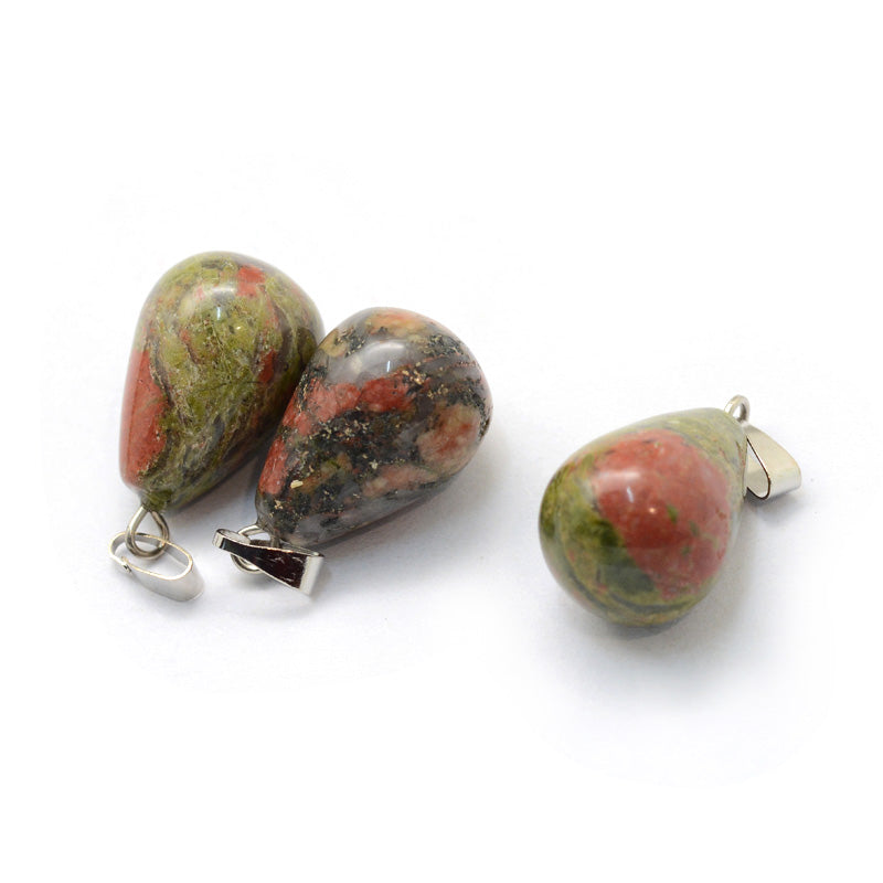 Unakite Teardrop Pendants, Green Color. Semi-precious Gemstone Pendant for DIY Jewelry Making. Gorgeous Centre piece for Necklaces.  Size: 22-24mm Length, 12-14mm Wide Hole: 2x7mm, 1pcs/package.   Material: Genuine Natural Unakite Stone Pendant, Platinum Toned Brass Findings. High Quality, Teardrop Shaped Stone Pendants. Shinny, Polished Finish. 