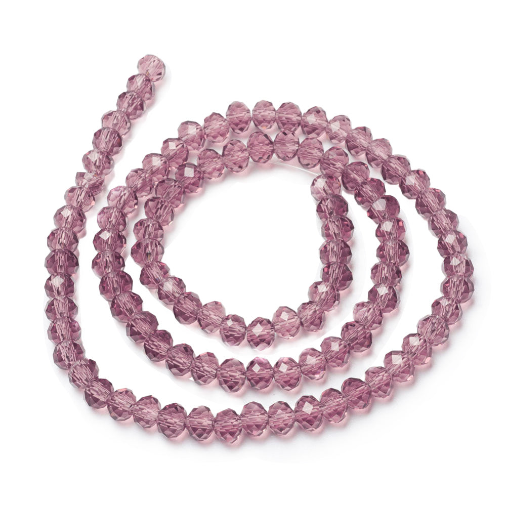 Glass Crystal Beads, Faceted, Violet Red Color, Rondelle, Glass Crystal Bead Strands. Shinny Crystal Beads for Jewelry Making.  Size: 4mm Diameter, 3mm Thick, Hole: 1mm; approx. 120-125pcs/strand, 16" inches long.  Material: The Beads are Made from Glass. Glass Crystal Beads, Rondelle, Violet Red Colored Austrian Crystal Imitation Beads. Polished, Shinny Finish.