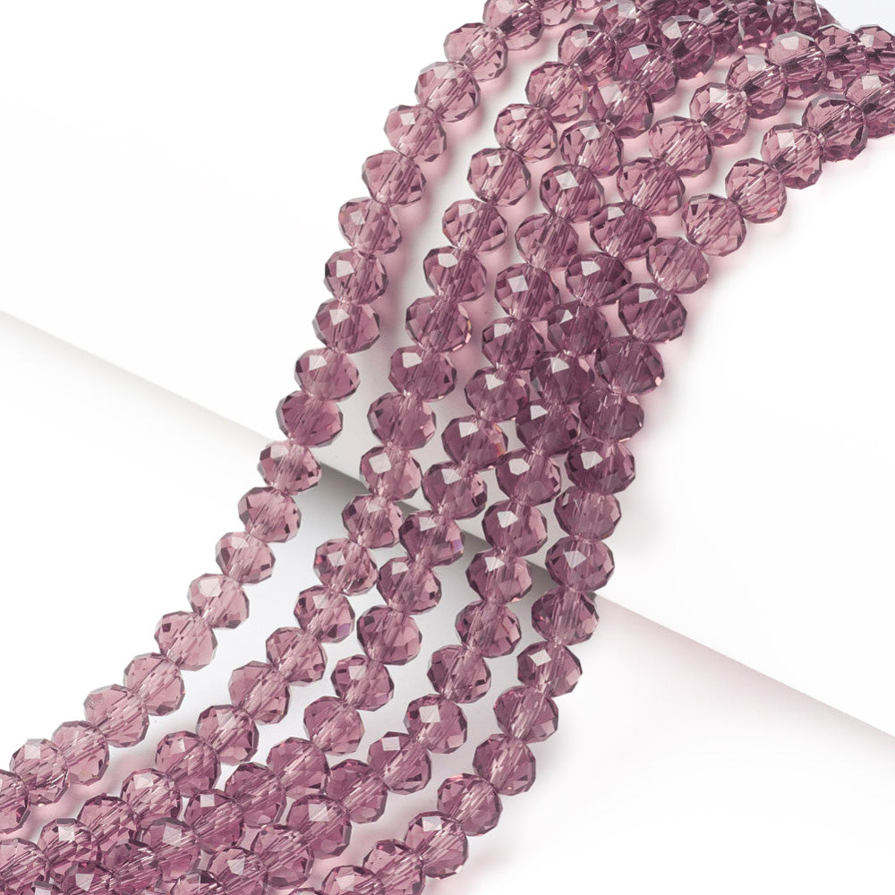 Glass Crystal Beads, Faceted, Violet Red Color, Rondelle, Glass Crystal Bead Strands. Shinny Crystal Beads for Jewelry Making.  Size: 6mm Diameter, 5mm Thick, Hole: 1mm; approx. 85-88pcs/strand, 16" inches long.  Material: The Beads are Made from Glass. Glass Crystal Beads, Rondelle, Violet Red Colored Austrian Crystal Imitation Beads. Polished, Shinny Finish.