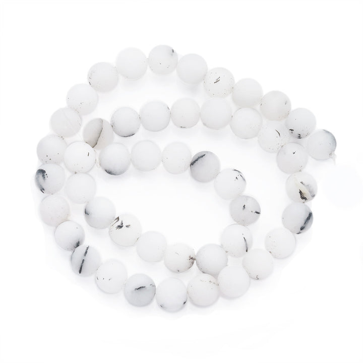 Natural Rutilated Quartz Bead Strands, Round, Frosted, White Color. Matte Semi-precious Rutilated Quartz Gemstone Beads for DIY Jewelry Making.   Size: 6mm in diameter, hole: 1mm, approx. 63pcs/strand, 15 inches long.
