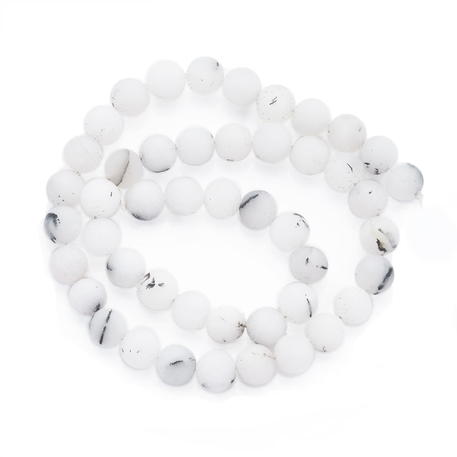 Natural Rutilated Quartz Bead Strands, Round, Frosted, White Color. Matte Semi-precious Rutilated Quartz Gemstone Beads for DIY Jewelry Making.   Size: 6mm in diameter, hole: 1mm, approx. 63pcs/strand, 15 inches long.