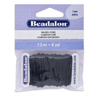 Black Waxed Cord for Stringing Beads and DIY Jewelry Making. This Cord is flexible and can be easily knotted. Ideal for necklaces and bracelets.  Size: 1mm (.039 inch) 8 yd/7.3mm Length.  Color: Black  Material: Waxed Cord  Brand: Beadalon 