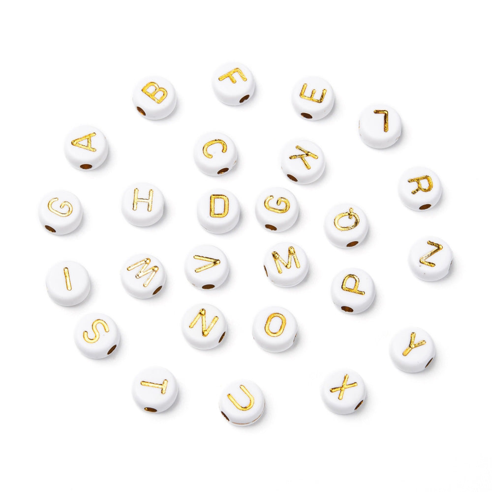 Acrylic Alphabet Spacer Beads, Gold Letters on a White base. Initial Spacers for DIY Jewelry Making Projects. Gold Plated Letter Shaped Spacers for Beading Projects.  Size: 7mm Diameter,  4mm Thick, Hole: 1.8mm, approx. 350pcs/package.   Material: Acrylic Initial Spacer Beads. Flat Round Shape, White and Gold Color Alphabet Beads. White Flat Round Beads with Gold Plated Letters.