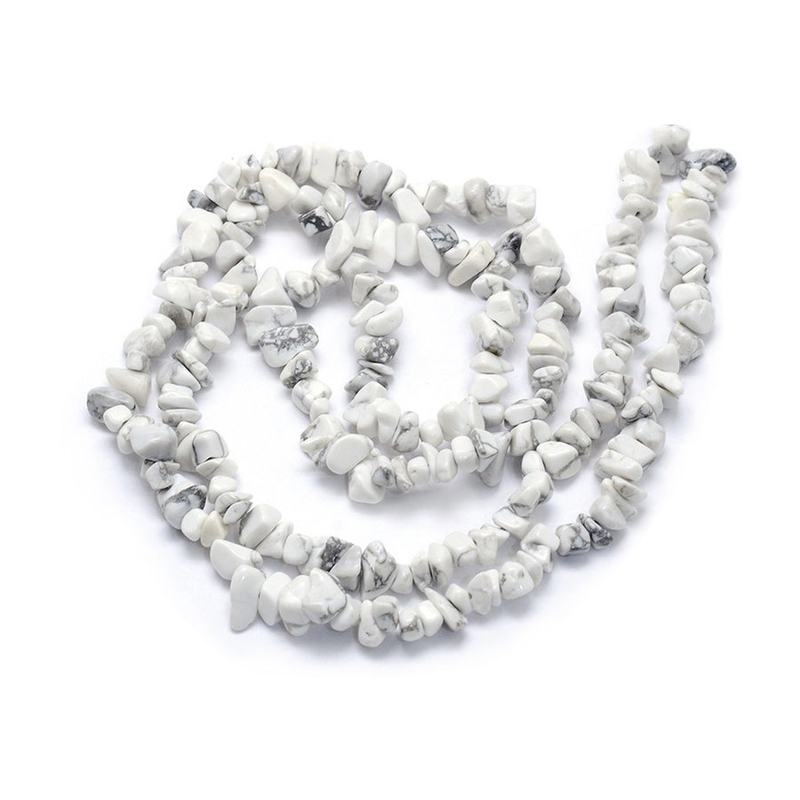 White Howlite Chip Beads, White color Semi-Precious Stone Chips.  Size: approx. 5~8mm wide, 5~8mm long, hole: 1mm; approx. 32 inches long.  Material: Genuine Natural Howlite Chip Beads. White Colored Chip Beads. Polished, Shinny Finish.
