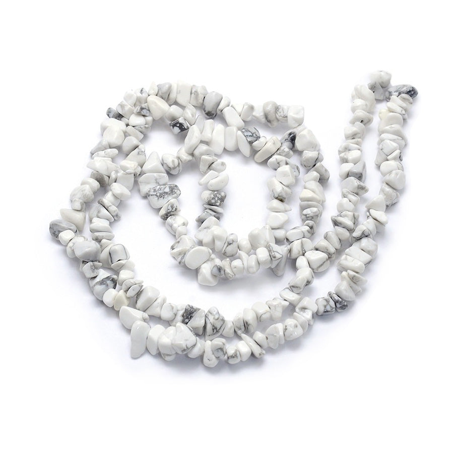 White Howlite Chip Beads, White color Semi-Precious Stone Chips.  Size: approx. 5~8mm wide, 5~8mm long, hole: 1mm; approx. 32 inches long.  Material: Genuine Natural Howlite Chip Beads. White Colored Chip Beads. Polished, Shinny Finish.