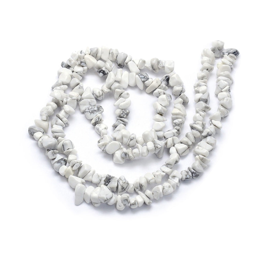 White Howlite Chip Beads, White color Semi-Precious Stone Chips.  Size: approx. 5~8mm wide, 5~8mm long, hole: 1mm; approx. 32 inches long.  Material: Genuine Natural Howlite Chip Beads. White Colored Chip Beads. Polished, Shinny Finish.