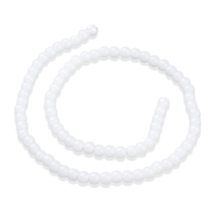 White Jade  Imitation Glass Beads, Round, White Color.  Size: 4mm Diameter, Hole: 1mm; approx. 74pcs/strand, 12" Inches Long  Material: White Glass Beads; White Jade Imitation. White Color. Polished, Shinny Finish.