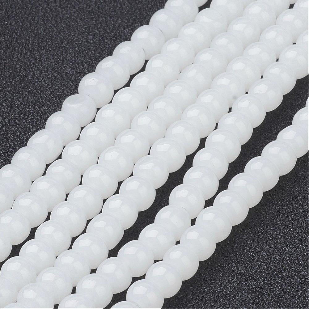 White Jade  Imitation Glass Beads, Round, White Color.  Size: 4mm Diameter, Hole: 1mm; approx. 74pcs/strand, 12" Inches Long  Material: White Glass Beads; White Jade Imitation. White Color. Polished, Shinny Finish.