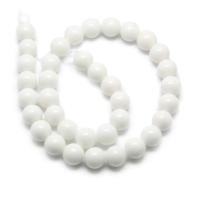 White Jade Beads, Round, White Color. Semi-Precious Crystal Gemstone Beads for Jewelry Making.   Size: 8mm Diameter, Hole: 1mm; approx. 48pcs/strand, 15" Inches Long.  Material: The Beads Malaysia Jade, Quartz. White Color. Polished, Shinny Finish.