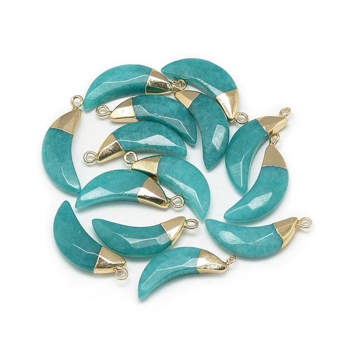 Faceted White Jade Moon Shaped Pendants, Dyed Teal Color. Semi-precious Gemstone Pendant for DIY Jewelry Making. Gorgeous Centre piece for Necklaces.  Size: 26mm Length, 10mm Width, 5-6mm Thick,  Hole: 1mm, Qty: 1pcs/package.  Material: Genuine White Jade Stone Pendant, Dyed Teal Color with Gold Tone Brass Findings. Faceted Moon Shaped Stone Pendants. Shinny, Polished Finish. 