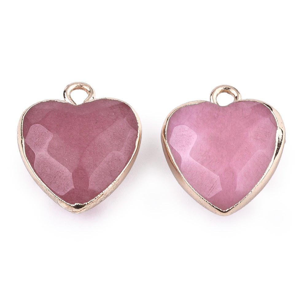 Faceted White Jade Heart Charms, Pale Flamingo Pink Pink Color with Gold Plated Findings. Semi-precious Gemstone Pendant for DIY Jewelry Making.  Size: 16-17mm Length, 14-15mm Wide, 6-7mm Thick, Hole: 1.8mm, 1pcs/package.   Material: Natural White Jade Stone Pendant, dyed Flamingo Pink Color. Gold Toned Findings. Heart Shaped Stone Pendants. Faceted, Polished Finish. 