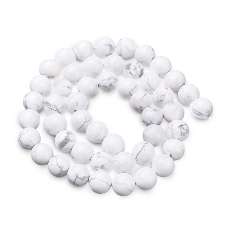 Natural White Howlite Beads Strands, Round. Semi-precious Gemstone Howlite Beads for DIY Jewelry Making.   Size: 8mm Diameter, Hole: 1mm, approx. 48pcs/strand, 15" Inches Long.  Material: Genuine Natural White Howlite Polished Loose Stone Beads. White Color. Polished Finish. 
