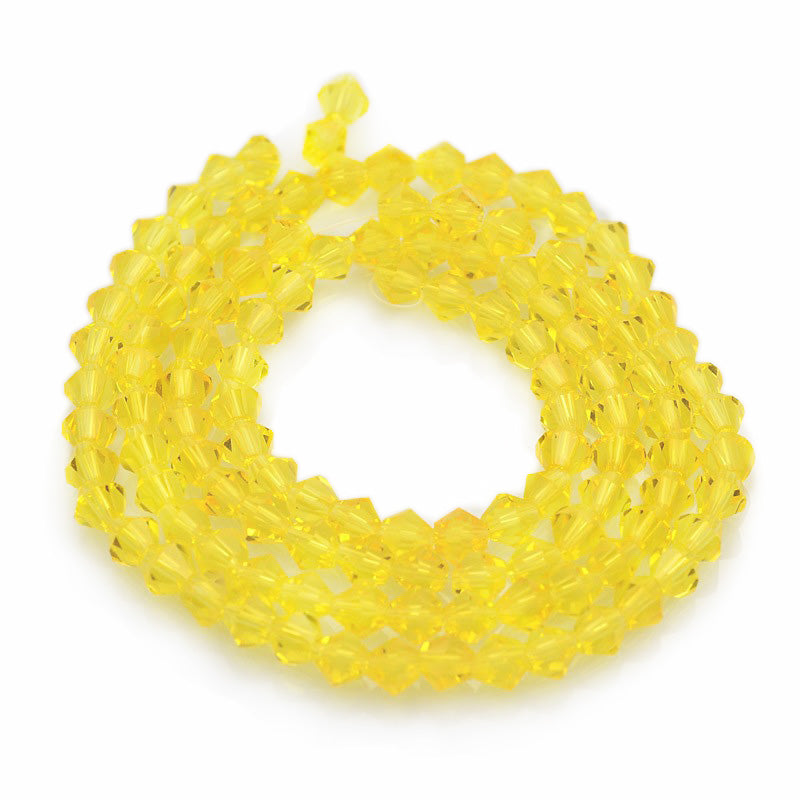 Yellow Glass Crystal Beads, Faceted, Yellow Color, Bicone, Crystal Beads for Jewelry Making.  Size: 4mm Length, 4mm Width, Hole: 1mm; approx. 92-96pcs/strand, 13-14" inches long.  Material: The Beads are Made from Glass. Austrian Crystal Imitation Glass Crystal Beads, Bicone, Yellow Colored Beads. Polished, Shinny Finish. 