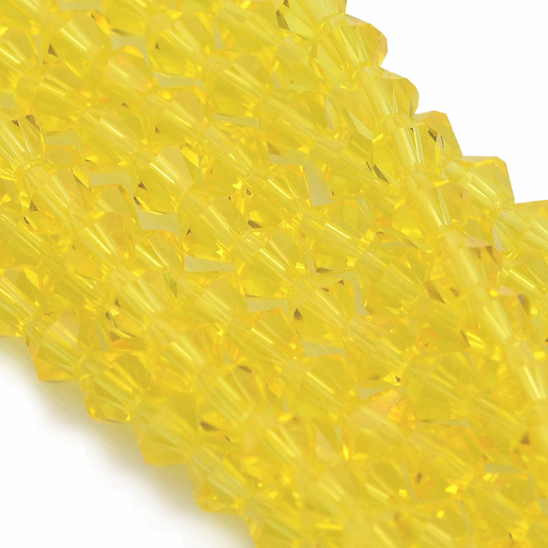 Yellow Glass Crystal Beads, Faceted, Yellow Color, Bicone, Crystal Beads for Jewelry Making.  Size: 4mm Length, 4mm Width, Hole: 1mm; approx. 92-96pcs/strand, 13-14" inches long.  Material: The Beads are Made from Glass. Austrian Crystal Imitation Glass Crystal Beads, Bicone, Yellow Colored Beads. Polished, Shinny Finish. 