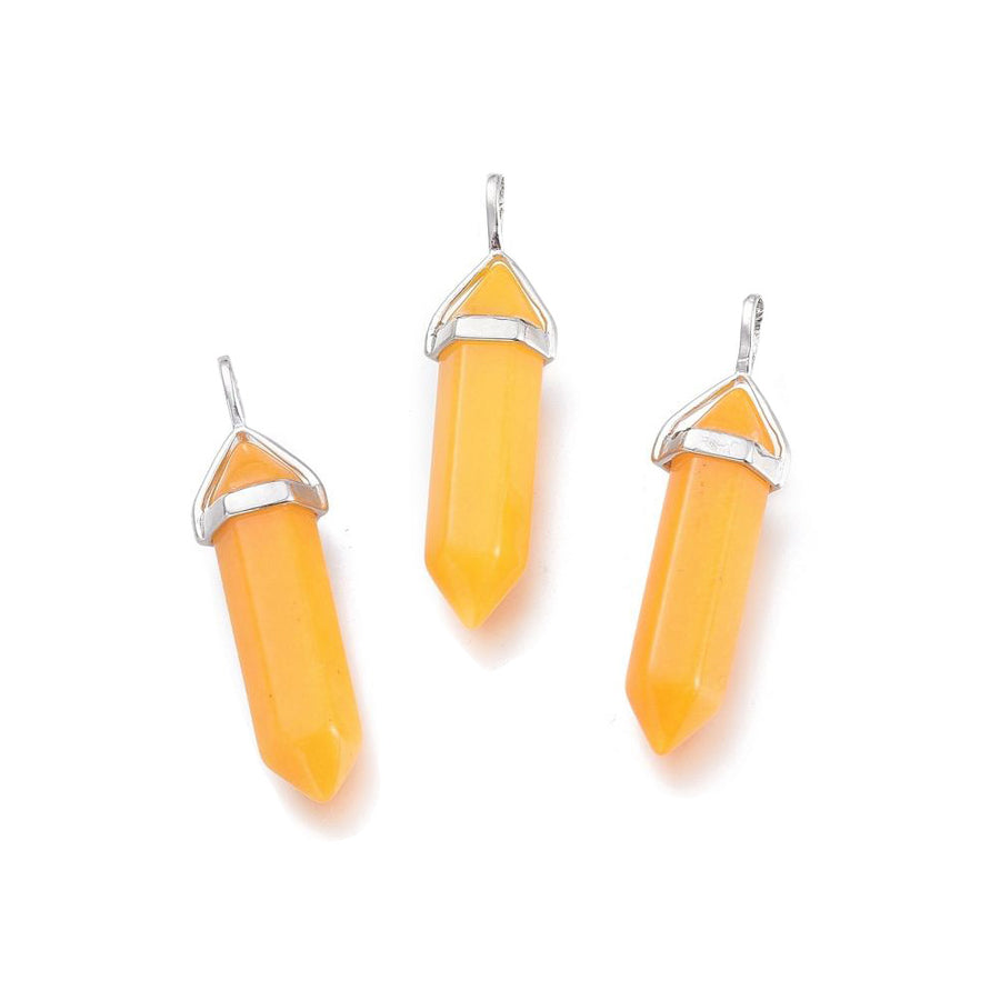 Natural Yellow Agate Pendants, Bright Yellow Color. Semi-precious Gemstone Pendant for DIY Jewelry Making. Gorgeous Centre piece for Necklaces.   Size: 38-45mm Length, 12mm Diameter, Hole: 3x5mm, 1pcs/package.  Material: Genuine Natural Yellow Jade Stone Pendant, Platinum Toned Brass Findings, Hexagon Shaped Bead Cap Bails. High Quality, Double Terminated Stone Pendants. Shinny, Polished Finish.