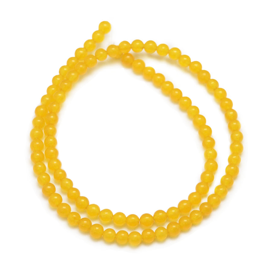 Yellow Jade Beads, Round, Golden Yellow Color. Semi-Precious Crystal Gemstone Beads for Jewelry Making. Great for Stretch Bracelets.  Size: 4mm in Diameter, Hole: 0.8mm; approx. 90pcs/strand, 14.5" Inches Long.  Material: Yellow Aventurine Imitation Beads. Malaysia Jade Beads, dyed Yellow Color. Polished, Shinny Finish.