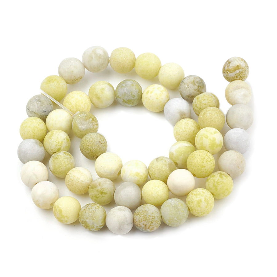 Natural Frosted Yellow Mustard Jasper Beads, Round, Yellow Color. Semi-Precious Stone Jasper Beads for Jewelry Making. Great Beads for Stretch Bracelets.  Size: 8mm Diameter, Hole: 1mm; approx. 44pcs/strand, 15" inches long.  Material: Frosted Natural Yellow Mustard Jasper Stone. Yellow Color. Matte, Shinny Finish.