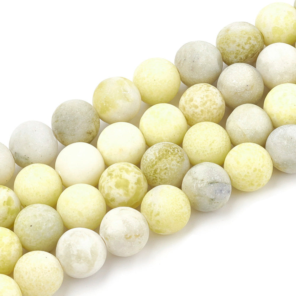 Natural Frosted Yellow Mustard Jasper Beads, Round, Yellow Color. Semi-Precious Stone Jasper Beads for Jewelry Making. Great Beads for Stretch Bracelets.  Size: 8mm Diameter, Hole: 1mm; approx. 44pcs/strand, 15" inches long.  Material: Frosted Natural Yellow Mustard Jasper Stone. Yellow Color. Matte, Shinny Finish.