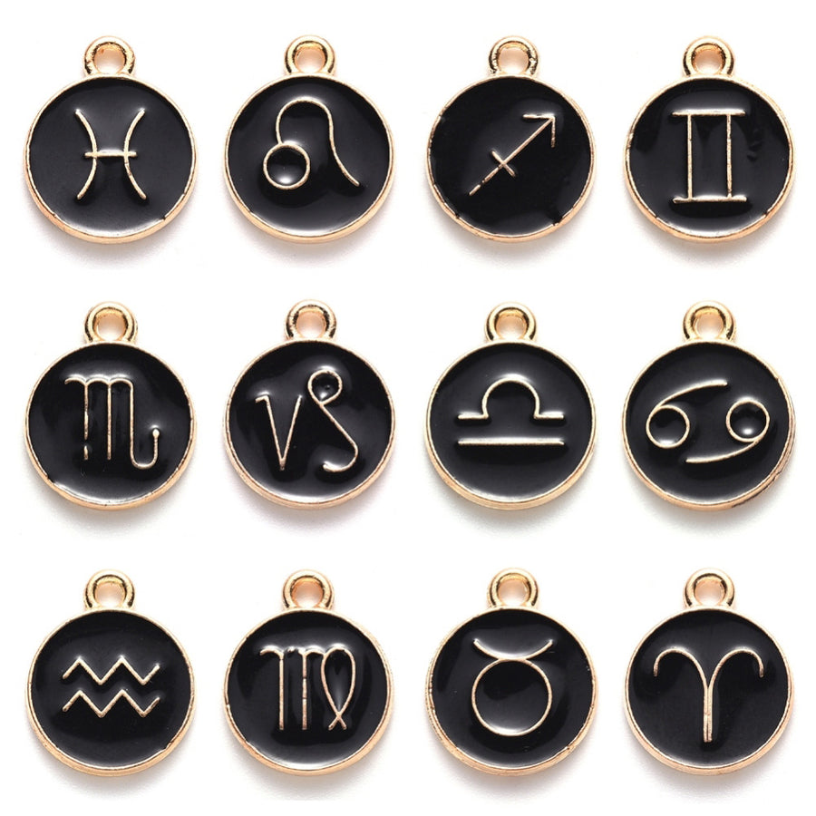 Zodiac Enamel Charms, Light Gold Plated, Black Color. Round, Flat Pendants for DIY Jewelry Making. Add a Personal Touch to Your Jewelry Creations.  Size: approx.15mm Long, 12mm Diameter, 2mm Thick. Hole Size: 1.5mm, 12pcs/bag. Material: Alloy Enamel Pendants. Gold Plated, Zodiac Charms. Black Color, Shinny Finish. 