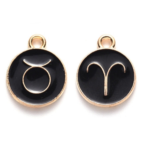 Zodiac Enamel Charms, Light Gold Plated, Black Color. Round, Flat Pendants for DIY Jewelry Making. Add a Personal Touch to Your Jewelry Creations.  Size: approx.15mm Long, 12mm Diameter, 2mm Thick. Hole Size: 1.5mm, 12pcs/bag. Material: Alloy Enamel Pendants. Gold Plated, Zodiac Charms. Black Color, Shinny Finish. 