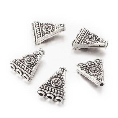 4-Hole Triangle Shape Alloy Focal Beads, Metal Spacer Beads, Triangle Beads with a Design, Antique Silver Color.  Size: 17mm Length, 14mm Width, 6mm Thick,  Hole: 1.6mm, Quantity: 5pcs/package.  Material: Alloy (Lead, Cadmium and Nickel Free) Antique Silver Color, Triangle with Pattern.
