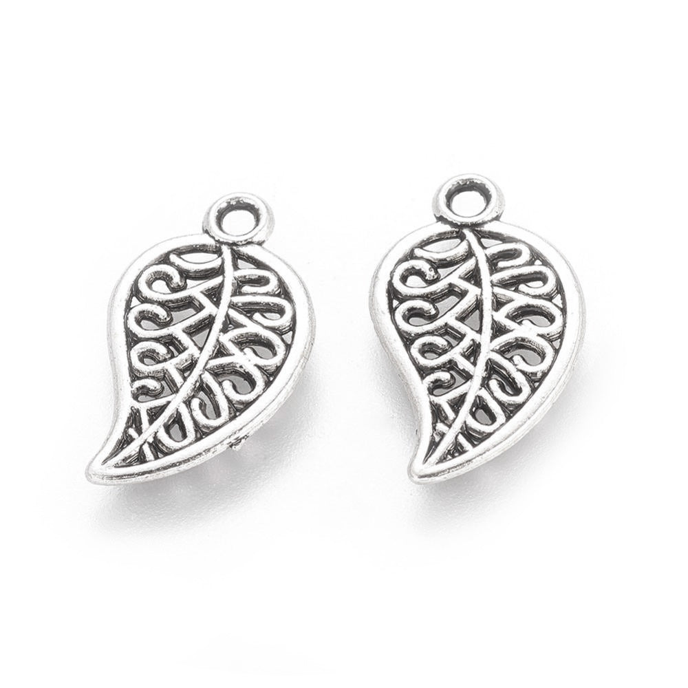 Alloy Leaf Charms, Antique Silver Colored Charms for DIY Jewelry Making.  Size: 10mm Width, 18mm Length, Hole: 1.2mm, Quantity: 10pcs/package  Material: Alloy (Cadmium, Lead and Nickel Free) Charms. Antique Silver Color. 