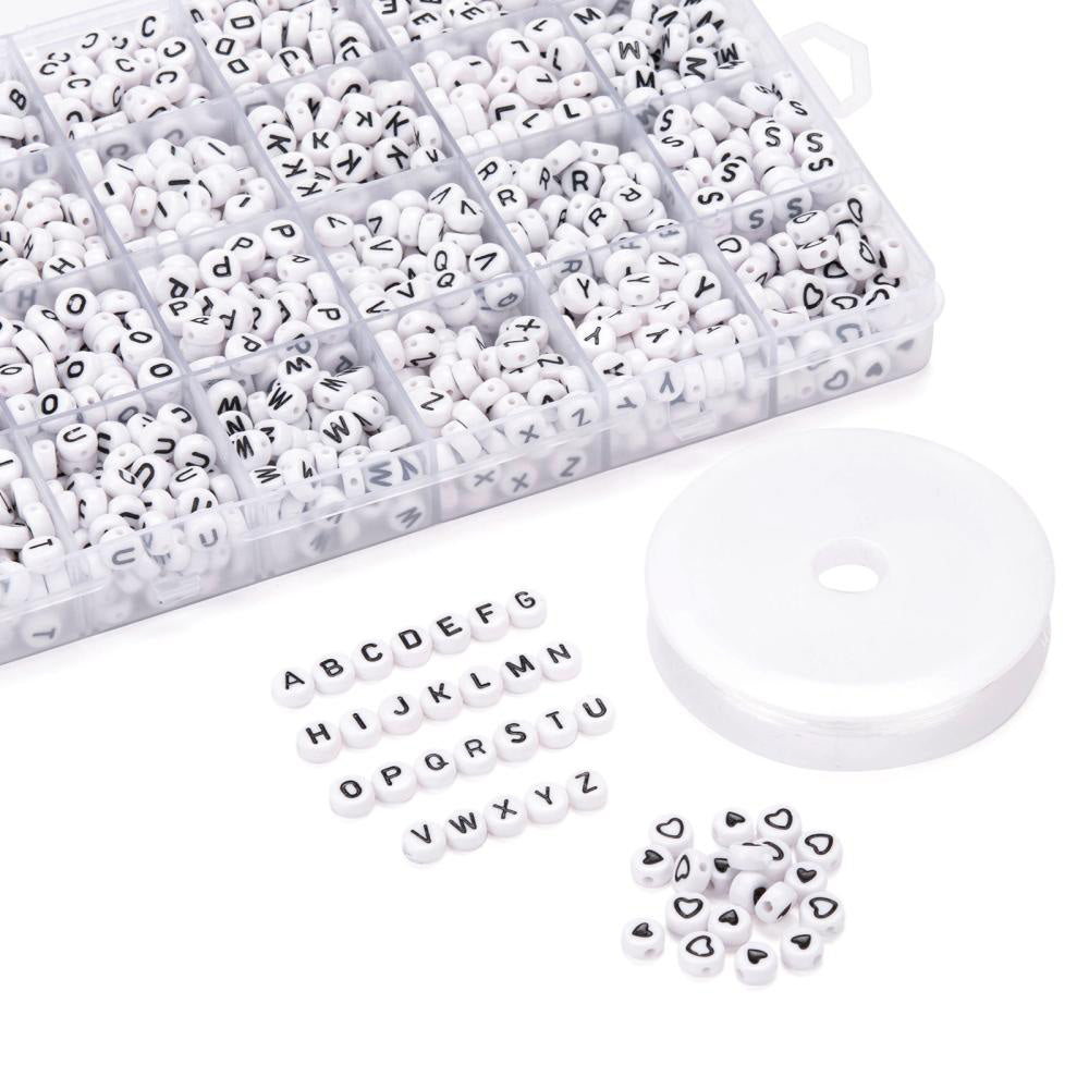 DIY Jewelry Making Kit. Acrylic Alphabet Beading Kit. Black Letters and Hearts on White Flat Acrylic Beads. Kit Comes with 0.8mm Elastic Crystal Thread.  Size: Beads Measure: 7x4mm Hole: 1mm, 1920 pcs/kit  Material: Acrylic Flat Round Beads with Letters and Hearts. 24 Compartment Kit comes with Elastic Crystal Thread 0.8mm bead lot
