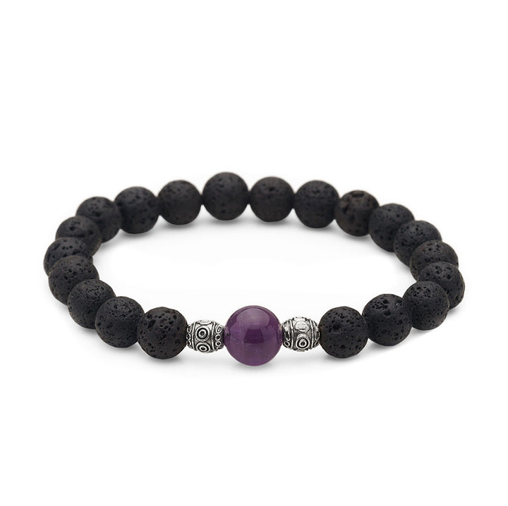 Amethyst &amp; Lava Rock Crystal Charm Bracelet, Essential Oil Diffusing Jewelry, Semi-precious Gemstone Beads, 7.5 inches stackable stretch bracelet; women&