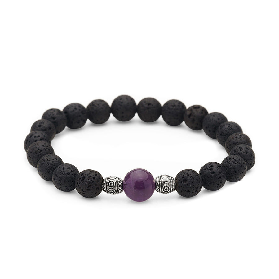 Amethyst & Lava Rock Crystal Charm Bracelet, Essential Oil Diffusing Jewelry, Semi-precious Gemstone Beads, 7.5 inches stackable stretch bracelet; women's amethyst charm bracelet