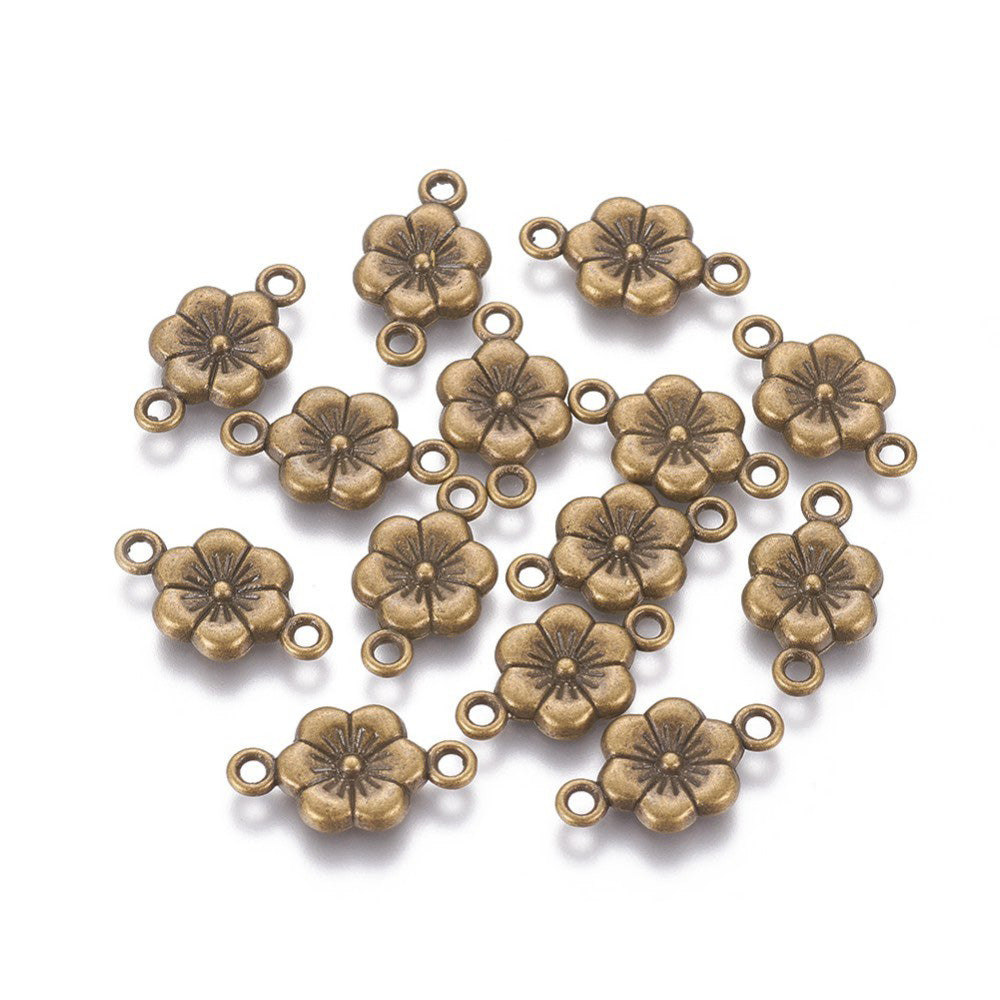 Link Connectors, Plum Blossom, Flower Shape links. Antique Bronze Colored Connector for DIY Jewelry Making.   Size: 18mm Length, 10mm Width, 2mm Thick, Hole: 2mm, Quantity: 5pcs/bag.  Material: Metal Alloy Connectors, Links. Flower Shape. Antique Bronze Color. 