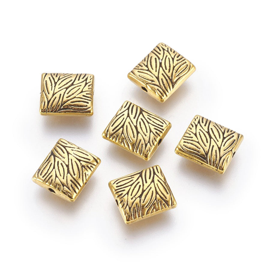 Spacer Beads, Rectangle, Antique Gold Color. Spacers for DIY Jewelry Making Projects.   Size: 10mm Length, 9mm Width, Hole: 1mm, approx. 5pcs/bag.   Material:  Antique Gold Alloy Spacer Beads. Cadmium, Lead and Nickel Free Spacers.
