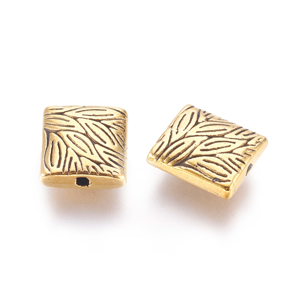 Spacer Beads, Rectangle, Antique Gold Color. Spacers for DIY Jewelry Making Projects.   Size: 10mm Length, 9mm Width, Hole: 1mm, approx. 5pcs/bag.   Material:  Antique Gold Alloy Spacer Beads. Cadmium, Lead and Nickel Free Spacers.