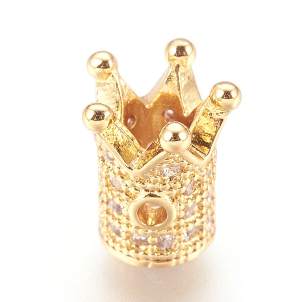Brass Micro Pave Cubic Zirconia Crown Spacer Beads, Gold Color Crown Charm with Real 18k Gold Plating for DIY Jewelry Making. Focal Beads for Bracelet and Necklace Making. 8mm Clear Cubic Zirconia Brass Micro Pave Crown Spacer Bead. 18k Gold Plated, Golden Color. Shinny, Sparkling Finish. Royal Bling. www.beadlot.com