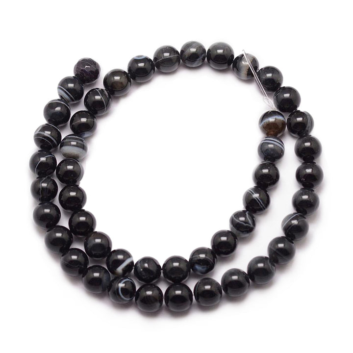 Premium Grade Black Striped Agate Beads, Round, Dyed, Black Agate. Semi-Precious Gemstone Beads for Jewelry Making.   Size: 8mm Diameter, Hole: 1mm; approx. 45-47pcs/strand, 15" Inches Long.  Material: Grade A Striped Banded Agate Loose Beads, Dyed, Black Color. Polished, Shinny Finish.