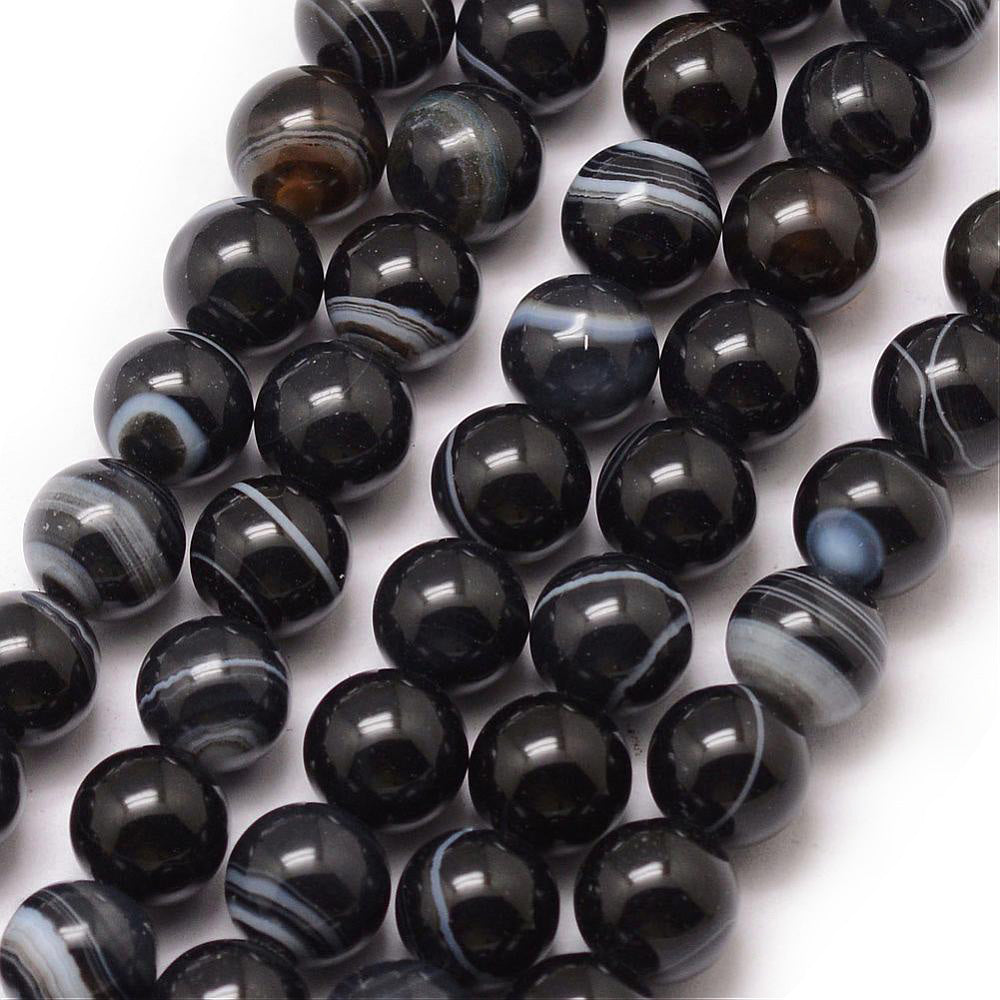 Premium Grade Black Striped Agate Beads, Round, Dyed, Black Agate. Semi-Precious Gemstone Beads for Jewelry Making.   Size: 8mm Diameter, Hole: 1mm; approx. 45-47pcs/strand, 15" Inches Long.  Material: Grade A Striped Banded Agate Loose Beads, Dyed, Black Color. Polished, Shinny Finish.