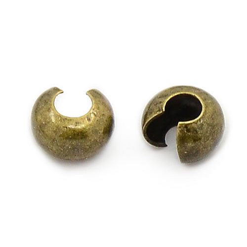 Antique Bronze Colored Brass Crimping Beads Covers for DIY Jewelry Making.  Size: 4mm Diameter, approx. 25pcs/pkg  Material: Brass Crimp Bead Cover, Bronze Color.
