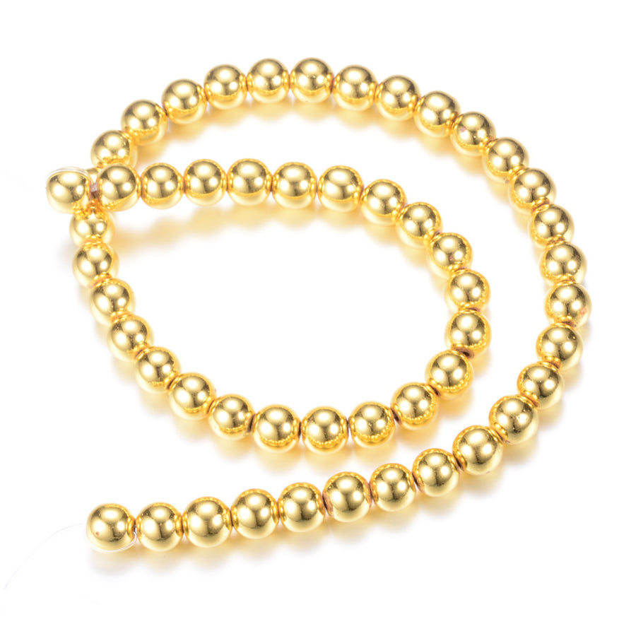 Electroplated Non-Magnetic Hematite Beads, Metallic Gold Color. Semi-Precious Stone Beads for Jewelry Making.   Size: 3mm Diameter, Hole: 1mm, approx. 125-140pcs/strand, 15" Inches Long.  Material: Non-Magnetic Hematite Beads. Gold Color. Shinny Metallic Lustrous Finish.