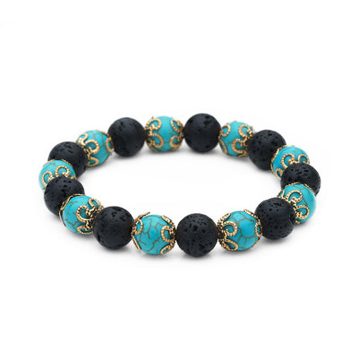 Blue Turquoise & Lava Rock Natural Stone Stretch Bracelet, Essential Oil Diffusing Jewelry, Semi-precious Gemstone Beads, 7.5 inches Stackable Chunky Bracelets